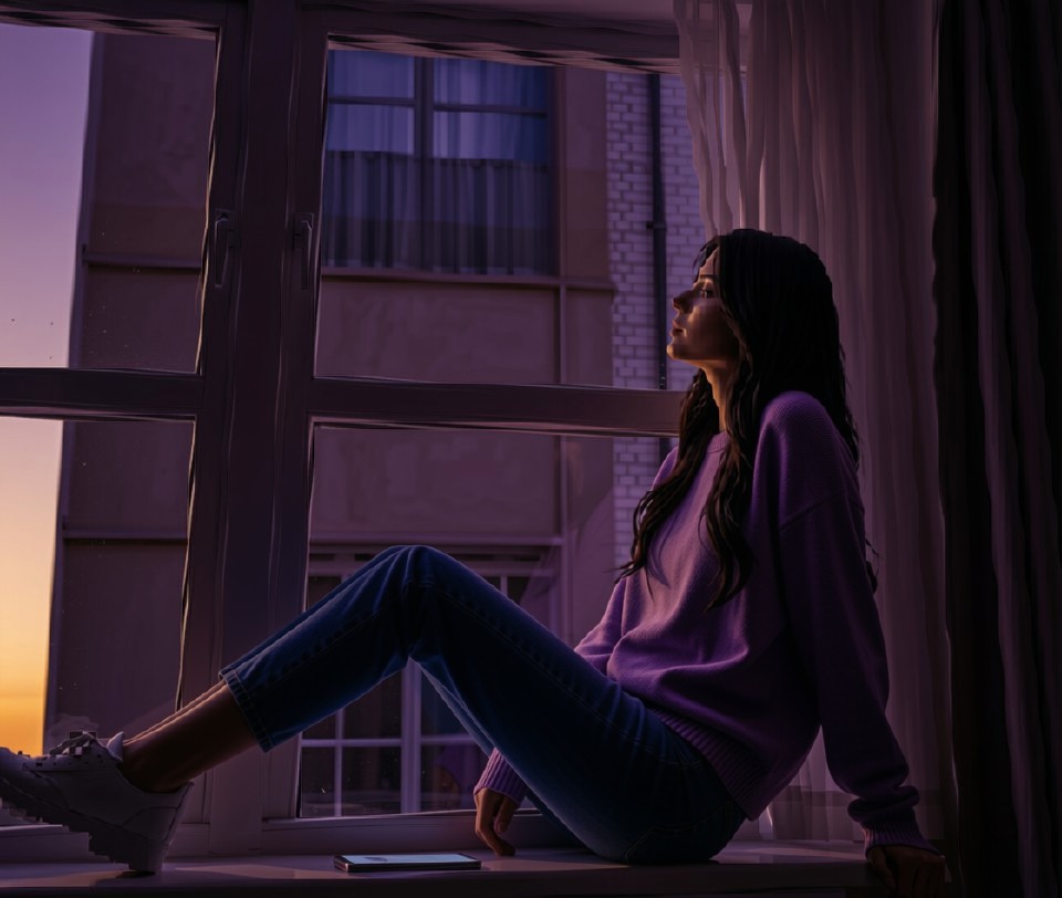 A young woman sits by an open window at dusk, looking outward with her phone resting beside her
