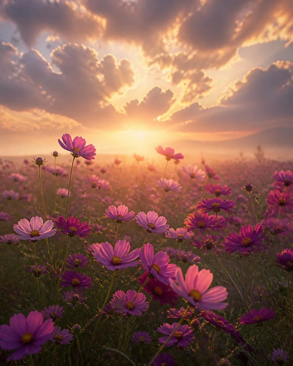 Field of aster flowers reaching toward golden sunrise light through dramatic clouds, representing resilience and new beginnings