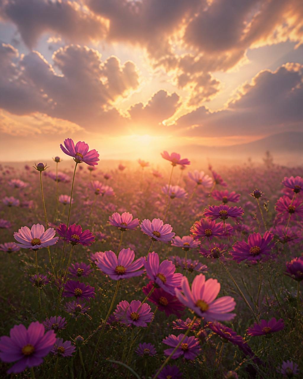 Field of aster flowers reaching toward golden sunrise light through dramatic clouds, representing resilience and new beginnings