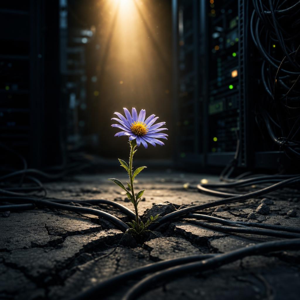 A single aster flower grows through cracked concrete and server cables, lit by warm light in a dark infrastructure space